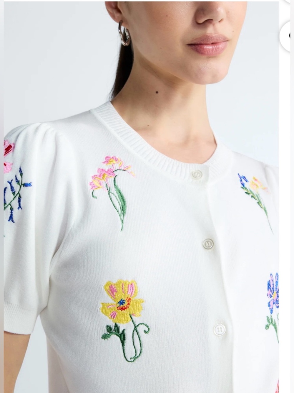 NWT Free Assembly Embroidered Floral Puff Sleeve White Cardigan Sweater Large - Picture 4 of 10